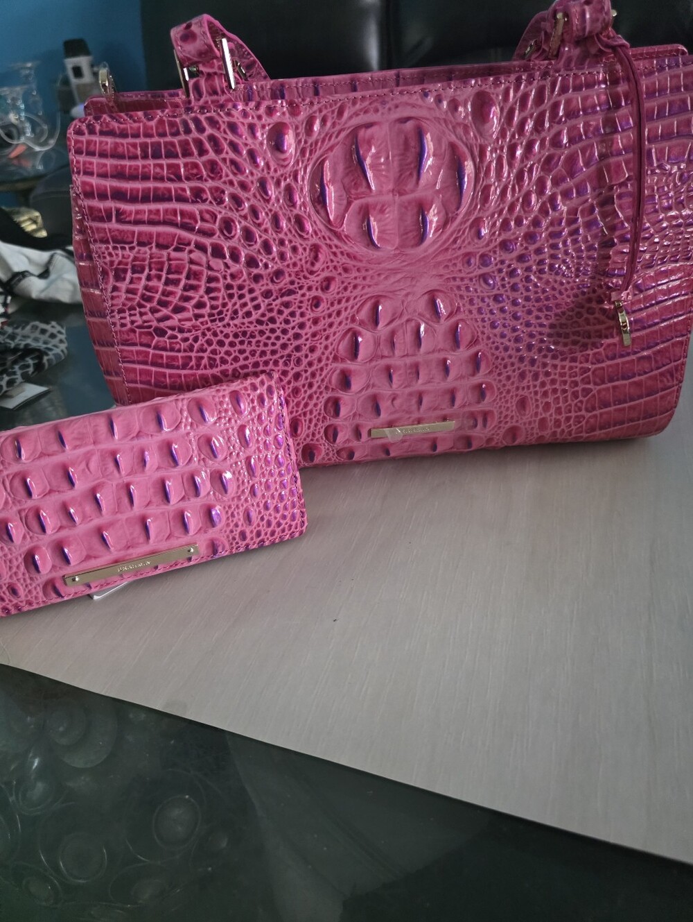 New Brahmi. Pink Croc-Embossed Tote with Matching Wallet